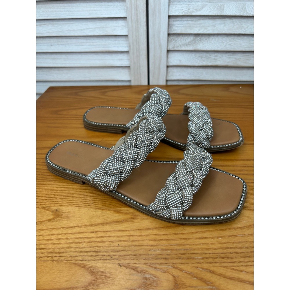 Madden Girl Brinley Sandals 10 Silver Womens Rhinestone Braided Slides